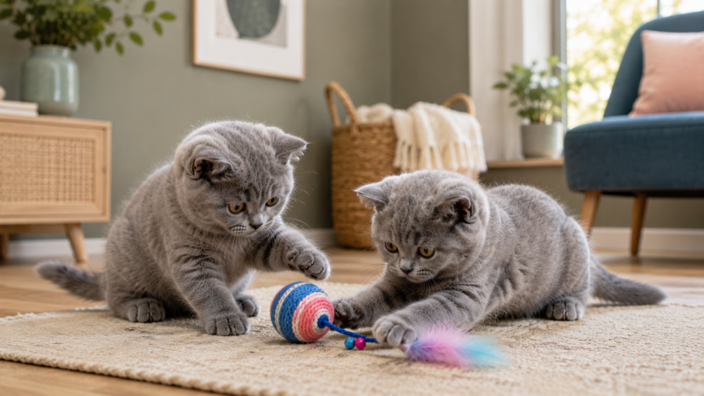 Zwei British Shorthair Kätzchen spielen mit Katzenspielzeug