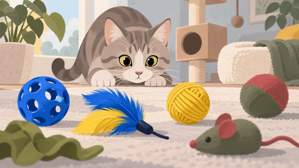 Katze spielt zu Hause mit blauem und gelbem Katzenspielzeug