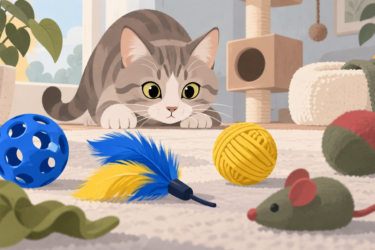 Cat playing at home with blue and yellow cat toys