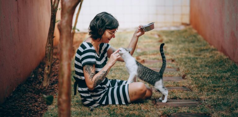 Vrouw geeft wit cyperse kat een snack en de kat eet het uit haar hand