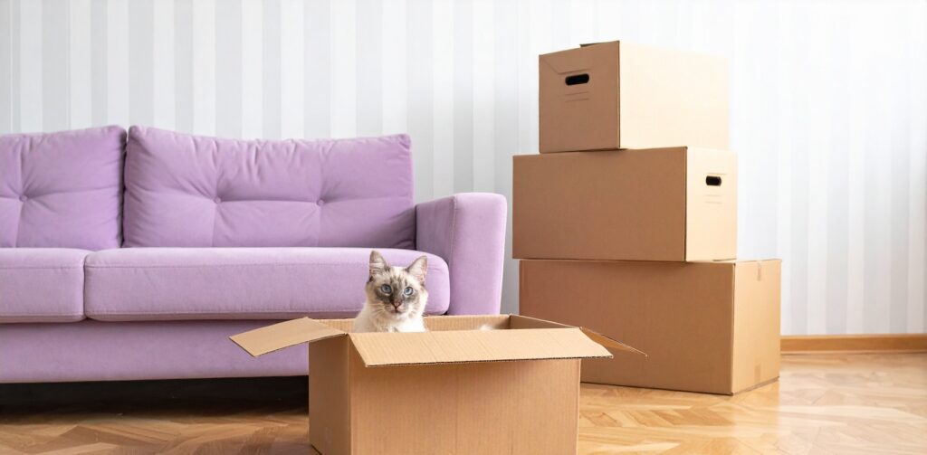 Kat zit ontspannen in verhuisdoos tijdens verhuizing. 