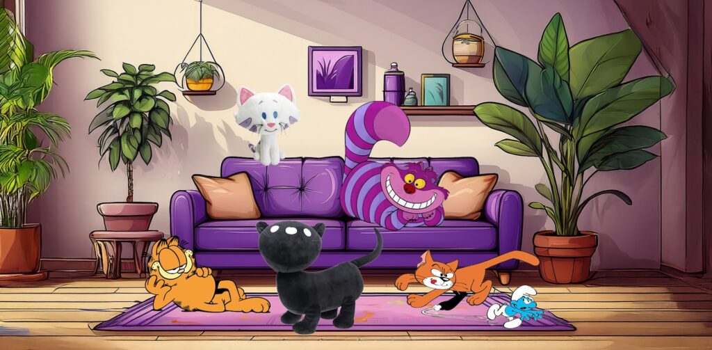 9 bekende katten uit strips, films en animatie, zoals Cheshire Cat uit Alice in Wonderland, Azraël uit De Smurfen, Siepie van Fiep Westendorp, Garfield en Buurkat.