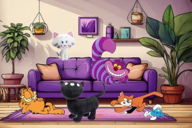 9 bekende katten uit strips, films en animatie, zoals Cheshire Cat uit Alice in Wonderland, Azraël uit De Smurfen, Siepie van Fiep Westendorp, Garfield en Buurkat.