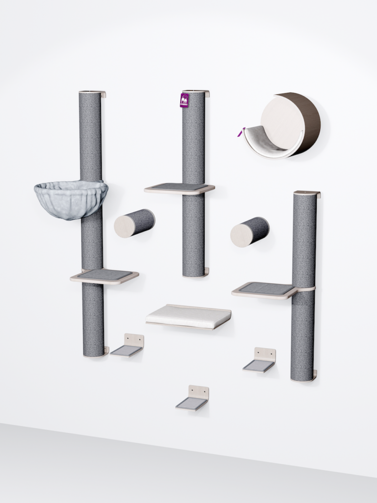 Combinatieset van een kleine DIY kattenmuur van de Wall of Rebels in de kleur Old Grey met naturel sisal en kussens.