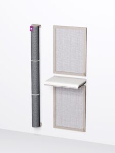 Combinatieset van een kleine DIY kattenmuur van de Wall of Rebels in de kleur Old Grey met naturel sisal en kussen.