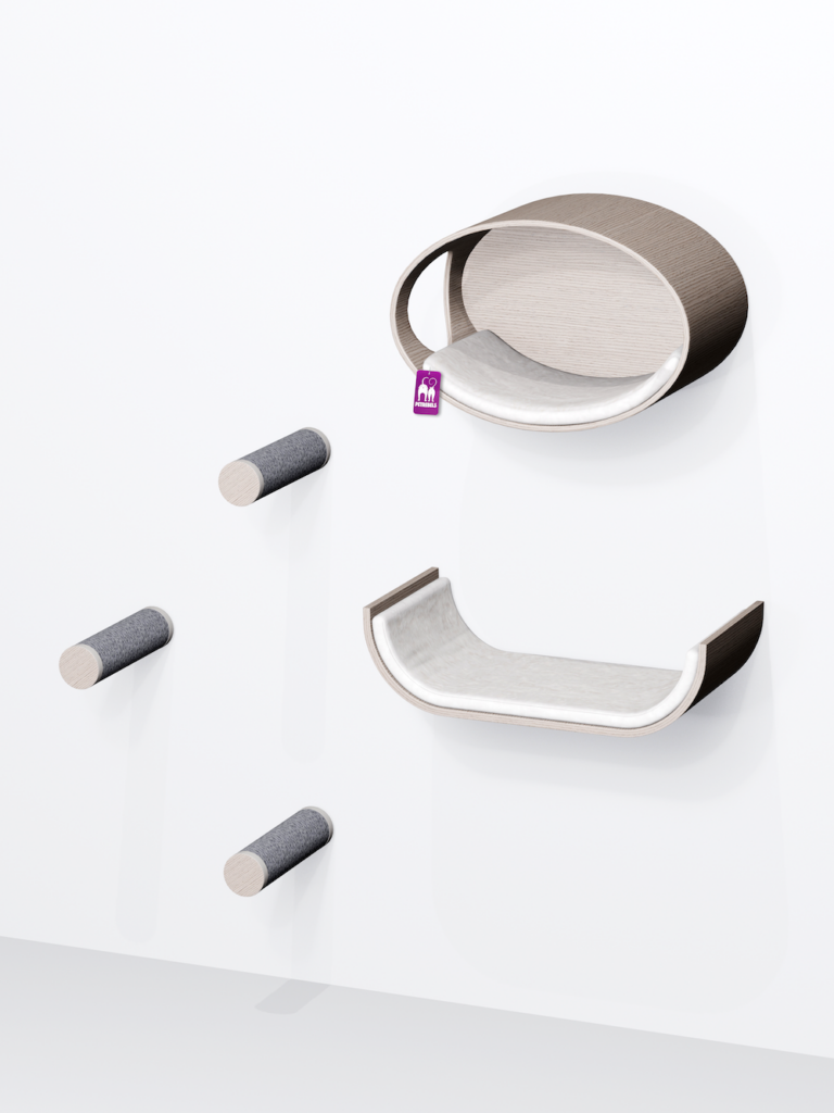 Combinatieset van een middelgrote DIY kattenmuur van de Wall of Rebels in de kleur Old Grey met naturel kussens.