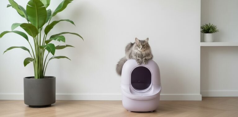 Grijze langharige raskat ligt op een lila automatische en zelfreinigende kattenbak in een kamer met witte muren en met een grote bananenplant ernaast in een donkergrijze bloempot. Petrebels blog: Alles over automatische kattenbakken (en een goedkoper alternatief)