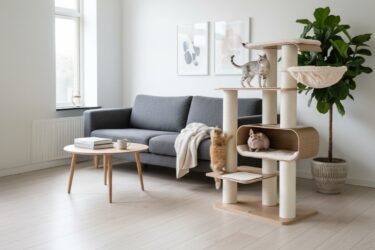 Drie katten op een design krabpaal in een Scandinavisch interieur - Petrebels blog: stijlvolle kattenmeubels