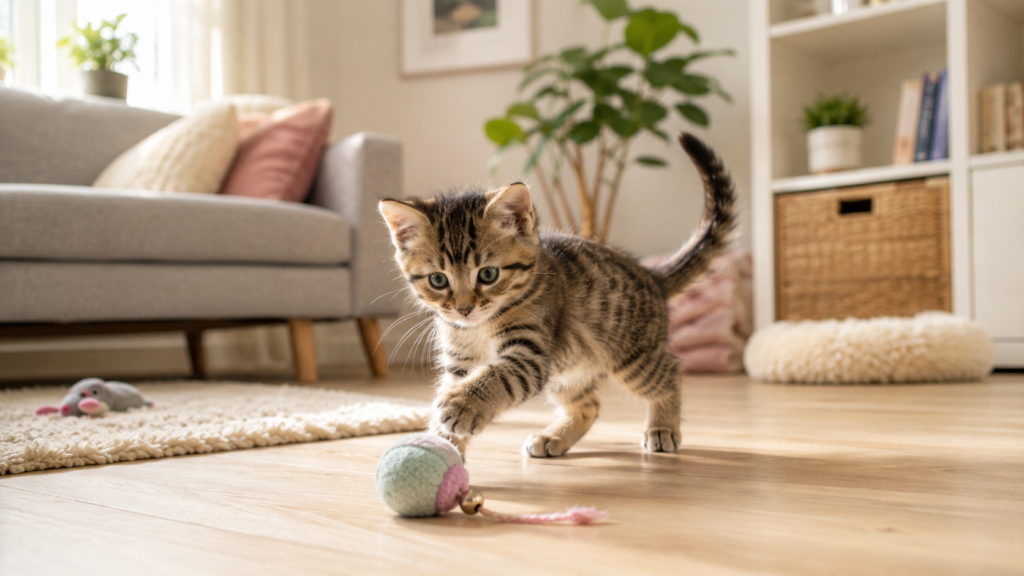 Speelse kitten rent achter speelgoed aan in moderne woonkamer